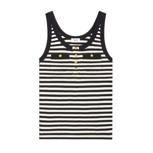 Celine Mariniere White Black Striped Ribbed Cotton Jersey Knit Tank Top Shirt XL